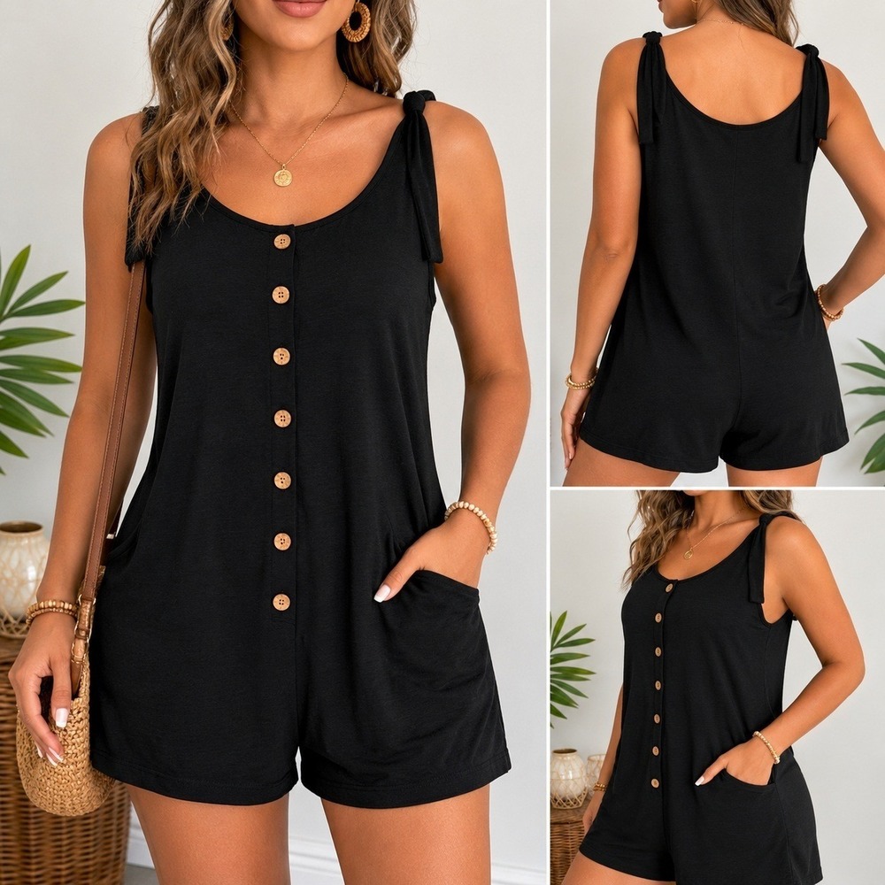 SHEIN‎ Womens Black Tie Shoulder Button Front Sleeveless Romper Size Large L
